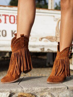 Women's Fringe Cowboy Cowgirl Boots Snip Toe Pull On Dress Ankle Booties Brown